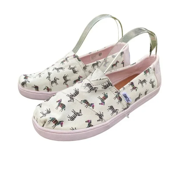 TOMS Zebra Print Slip-On Shoes Size 6 White Black Canvas Summer Travel - Picture 1 of 11